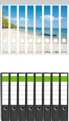 Produktbild von Wallario 8 Stück schmale Ordner inkl. Klebeetiketten mit Motive Boot an einem tropischen Strand -  Set mit Rückenschildern / Ordnerrücken Stickern