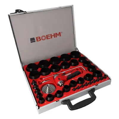 Produktbild von BOEHM JLB259PACC Locheisensatz 2-59mm inkl. Halter, Aufnahmescheibe, federnder Zentrierspitze, Stange mit Zirkel & Ersatzmesser im Metallkoffer