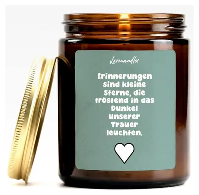 Produktbild von Erinnerungen sind kleine Sterne, die tröstend leuchten - Duftkerze mit Spruch als Geschenk für Abschied, Trauer, Angehörige und Freunde