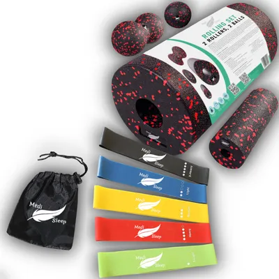 Produktbild von Training SET - Faszienrolle 4 in 1 & Fitnessbänder 5er Set - Faszienrolle, Minirolle, Faszienball, Massage-Duoball - Widerstandsbänder 3kg bis 20kg