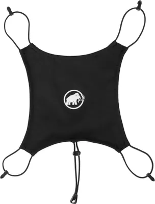 A black helmet holder with a white logo in the center and adjustable straps.