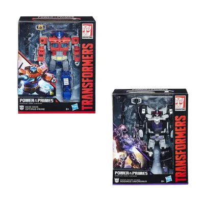 Two boxed Transformers toys, Optimus Prime and Rodimus Unicronus, displayed side-by-side.