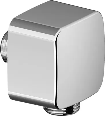 A chrome-plated elbow fitting for plumbing, shown from a three-quarter angle.
