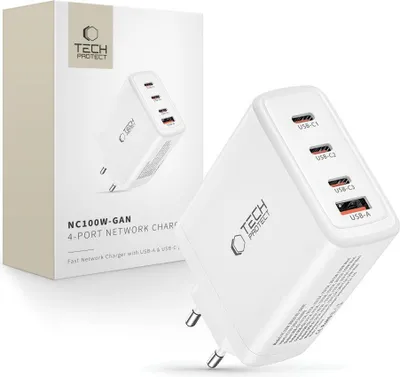 Produktbild von Tech-Protect NC100W GaN Ladegerät 3×USB-C PD + USB-A Weiß