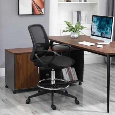 Produktbild von Bürostuhl Ergonomischer Schreibtischstuhl mit Armlehnen und Verstellbarer Fußring, Höhenverstellbarer Drehstuhl mit Netzbespannung Schwarz, Netzgewebe