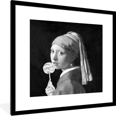 Produktbild von MuchoWow® Gerahmtes Poster Das Mädchen mit dem Perlenohrring - Johannes Vermeer - Schwarz und weiß 40x40 cm - Poster mit Schwarzem Bilderrahmen Wandposter Rahmen Foto Bilder - Poster - Plakat im Rahmen
