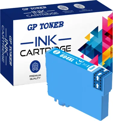 A product shot of a cyan ink cartridge and its packaging.
