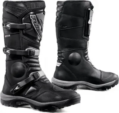 A pair of black motorcycle boots are shown against a light gray background.
