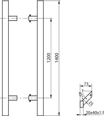 Zdjęcie produktu dla Dwustronny uchwyt drzwiowy, zakrzywiony (45 stopni), L=1400 mm, X=1200 mm, prostokątny, stal nierdzewna