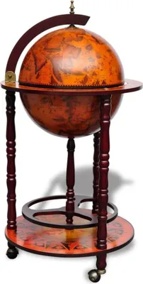 A wooden globe bar on a stand, isolated on a white background.