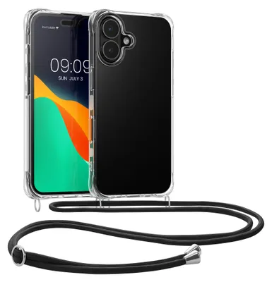 Produktbild von kwmobile Hülle mit Kordel für Apple iPhone 17 - Silikon Handyhülle mit Umhängeband, Soft Cover mit Band in Transparent Schwarz