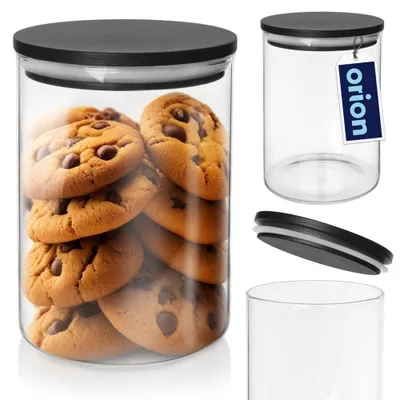 A collage of images showing a glass jar filled with cookies, an empty glass jar with a tag, and a lid.