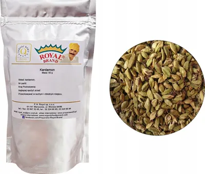 A product image showing a bag of cardamom and a close-up of cardamom seeds.