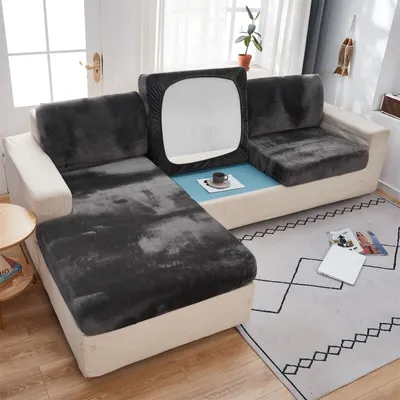 Obrázek produktu pro Stretch Sofa Seat Cushion Cover, Velvet Sofa Cover Non-Slip Cover Cover Cover For Sofa Seat Cushion, Chaise Longue Slipcover (2-Seater Large, Dark Grey)