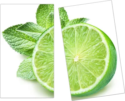 Produktbild von Spritzschutz Herdabdeckplatte Schneidebrett aus Glas Limette halbiert und Minze 2-Teilig (60x52cm)