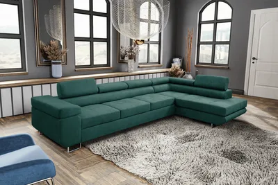 Produktbild von MargaretHadas24 Ecksofa L Form Marlene IV, 347x202, mit Schlaffunktion und Bettkasten Couch mit verstellbaren Kopfstützen Samtstoff rechte Seite, grün