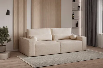 Produktbild von Sofa mit Schlaffunktion und Bettkasten, Polstersofa  aus Bouclé, Couch für Wohnzimmer, Sofagarnitur Wohnlandschaft mit BettfunktionSchlafsofa Denver mini - Beige (Anthology 3)