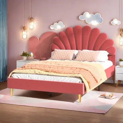 A bedroom with a pink bed and decorative clouds on the wall.