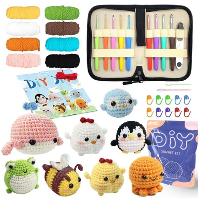 Image de Kit de crochet pour débutants, comprenant 8 figurines d'animaux, de la laine, et des aiguilles de 2,0 à 6,0 mm