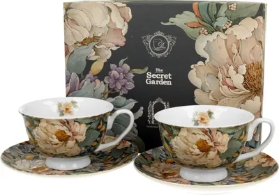 Produktbild von DUO FLOWERS ROYAL 2er-Set Tassen 250 ml PEONY BLUE (Pfingstrose) mit Untertassen, New Bone China Porzellan