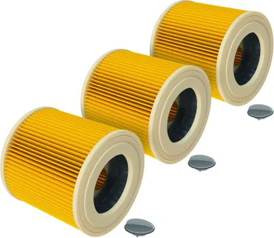 Three yellow cylindrical filters are arranged diagonally against a white background.