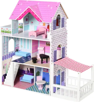 Obrázek produktu pro Domeček pro panenky - třípatrový - s nábytkem a doplňky - borovicové dřevo a MDF - 86 x 30 x 87 cm - růžový