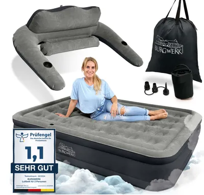 A woman is lying on an inflatable mattress, with various accessories and a rating badge displayed around it.