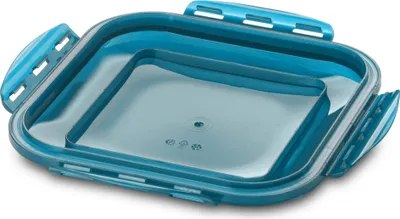 A blue plastic food container lid with latches.