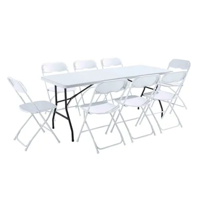 Image de Ensemble table et chaises pliantes de jardin - 8 places 180cm Blanc - Oviala REKKEM
