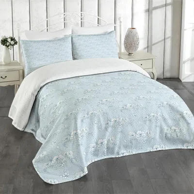 Produktbild von ABAKUHAUS Vintage Botanik Tagesdecke Set, Kontinuierliche Poppy Narzisse und Anemone Blumen in Pastelltönen, 220 x 220 cm, Babyblau Blaugrau