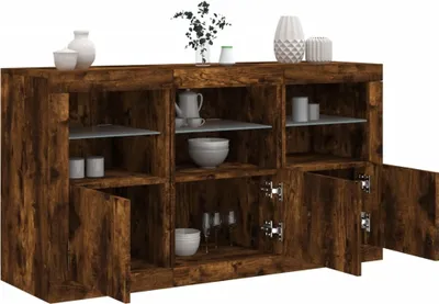 A wooden sideboard with glass shelves and doors, displaying various decorative items and dishes.