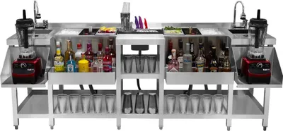 Image de Station compacte pour bar à cocktails, en acier inoxydable, autoportante. Comprend : bac à glace isotherme, évier, robinet mélangeur à 360°, distributeur de liquide pour verres, égouttoir, étagère pour mixeurs, bac de service rapide. Offert : shaker