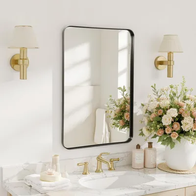 Image de Miroir mural, dimensions 75x50 cm, cadre en aluminium noir, idéal pour la salle de bain, le salon, la chambre ou l'entrée