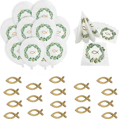 Produktbild von Oblique Unique Deko Set für Taufe Kommunion Konfirmation Hochzeit - Luftballons + Holz Fische + Servietten - weiß grün gold