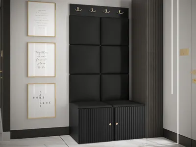 Produktbild von MIRJAN24 Garderoben-Set Orion Ryfel Slim IV, Schuhschrank, Kleiderhakenbrett, 8x Paneel 42x42, Metallgriffe, 4 Kleiderhaken (Farbe: Schwarz, Soft 011)