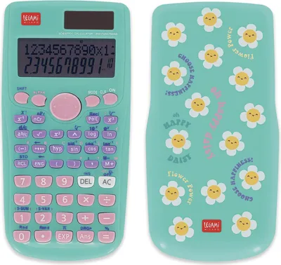 A teal scientific calculator with a pink button and a matching teal protective cover decorated with smiling daisy flowers and text.