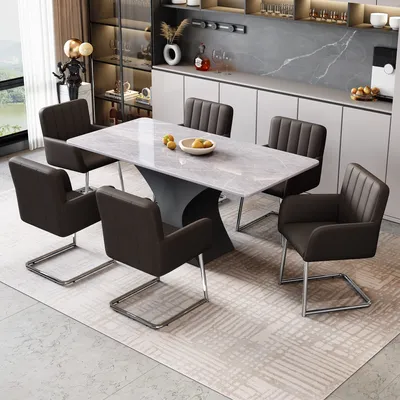 Produktbild von Flieks Polsterstühle 6er Set, Esszimmerstühle Freischwinger 6er Set, Besucherstühle Arbeitsstühle mit Armlehnen und Metallbeinen, PU, Schwarz Braun