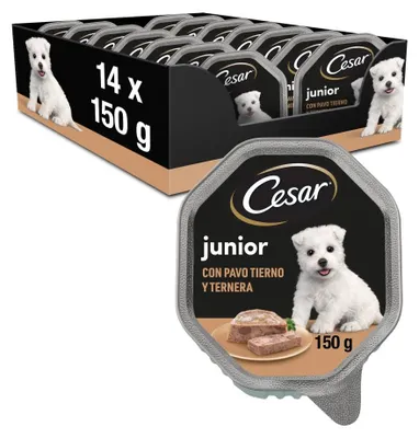 Productafbeelding van Cesar Junior Hondenvoer, puppyvoeding met milde kalkoen en kalfsvlees, 150 gram - 14 porties