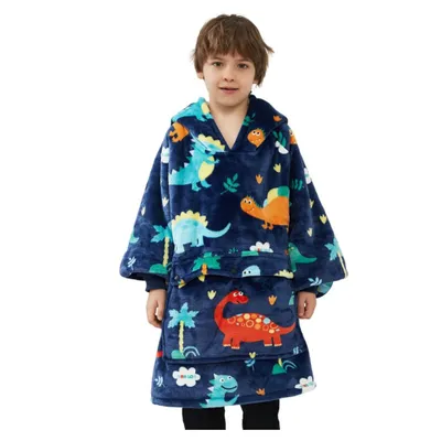 Produktbild von Kinder Hoodie Decke Dino mit Ärmeln Fleece 75 cm für 6–10 Jahre