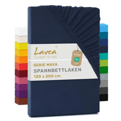 Produktbild von Lavea® Spannbettlaken 120 x 200 cm Maya Jersey, Bettlaken 100% Baumwolle, Matratzen bis 20 cm, Spannbetttücher, Galaxyblau