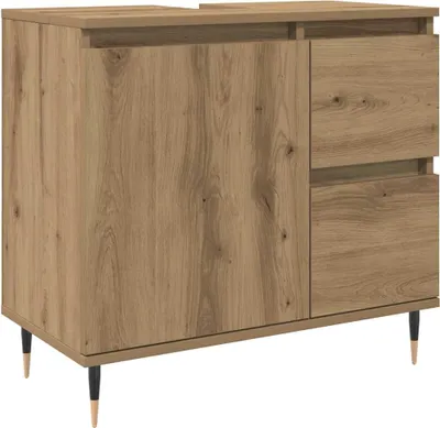 A product shot of a wooden cabinet with drawers and a door, standing on angled legs.