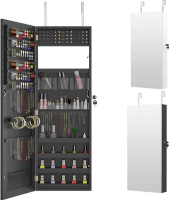 Produktbild von UISEBRT Schmuckschrank Wandmontage mit Spiegel Schwarz – Schmuck Organizer mit Türhaken, Ganzkörperspiegel, Schminkschrank hängend, Wandspiegel mit Stauraum