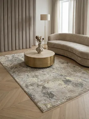 Produktbild von Veloursteppich Hochglanz Kunstfaser | Eleganter Bodenschmuck Metallic-Optik | Flachflorteppich maschinengewebt | Abstrakte Galaxie | Gold-Beige-Grau 200x290cm | SARNTAL von Kadima Design