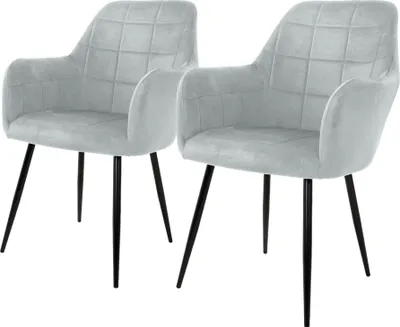 Two light gray armchairs with black legs are shown against a white background.