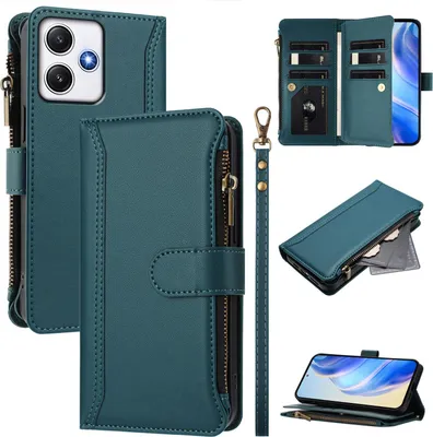 Obrázek produktu pro Pouzdro pro Xiaomi Redmi 12/Redmi 12 5G/Poco M6 Pro 5G, zipem, peněženkovéPolyuretankožené flip pouzdro s kapsami na karty, stojánkem a poutkem na ruku zelený