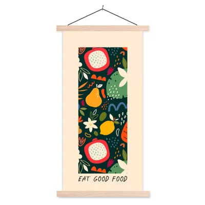 Produktbild von MuchoWow® Textilposter Zitate - Gutes Essen essen - Sprichwörter 60x120 cm mit holzfarbenen Rahmen - Holz