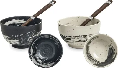 Produktbild von [ MEIAN ] Japan Keramik Set 2x Suppen- Nudeln / Reisschale + Essstäbchen - Set in Geschenkverpackung