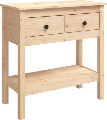 A light-colored wooden console table with two drawers and a lower shelf, presented against a white background.