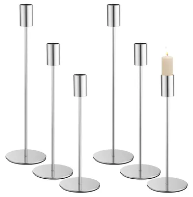 6 Kerzenhalter, silber, 3 Höhen 32/27/22 cm, für Stumpenkerzen