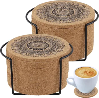 Productafbeelding van Onderzetters van kurk - 24 stuks - 10 cm - Rond - Metalen houder - Herbruikbare absorberende houten mandala voor koffie - Bar - Keuken - Drankjes